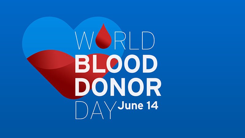 World Blood Donor Day June 14 with a heart-shaped blood drop on a blue background.