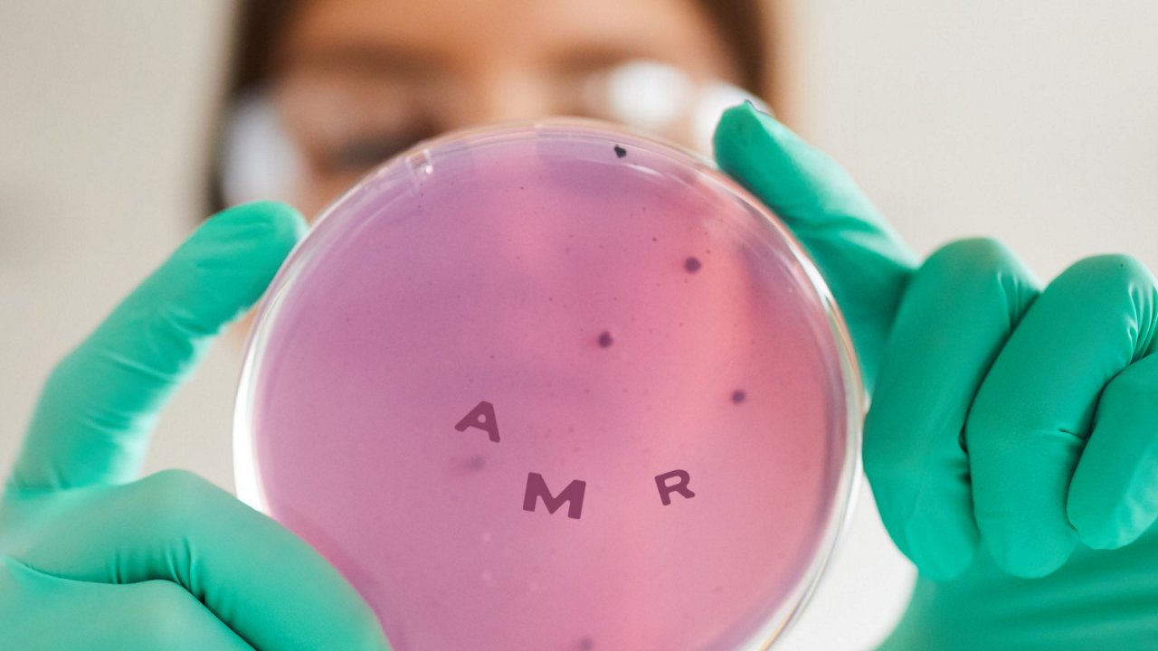 Female laboratory technician holding a petri dish in the air.