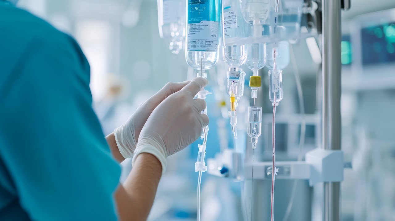 A healthcare professional in scrubs adjusts an IV drip, showcasing importance of patient care in medical setting. sterile environment emphasizes focus on health and recovery.