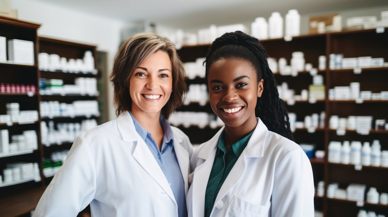 Smiling of pharmacist and drugs working at pharmacy store