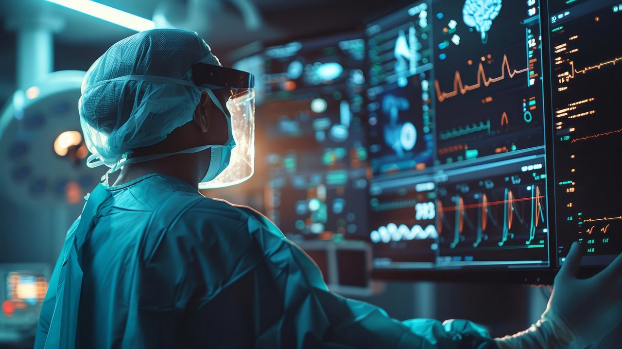 Amazing of an anesthesiologist with Glow HUD big icon of an anesthesia machine, monitoring patient sedation levels during a complex procedure, in a hightech surgical suite with blurry background, futuristic color, Closeup shot Sharpen