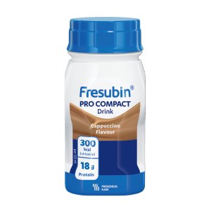 An older man with a shaved head wearing a black zip-up hoodie holds a bottle of Fresubin’s Vanilla-flavoured PRO Drink that offers high density nutritional support for healthy ageing. 