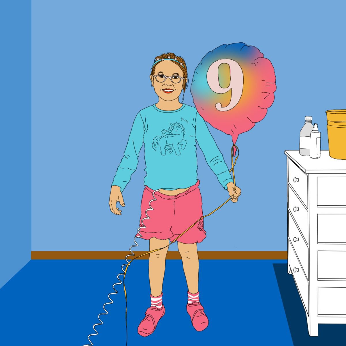 Grafik Mädchen mit einem Luftballon mit einer neun