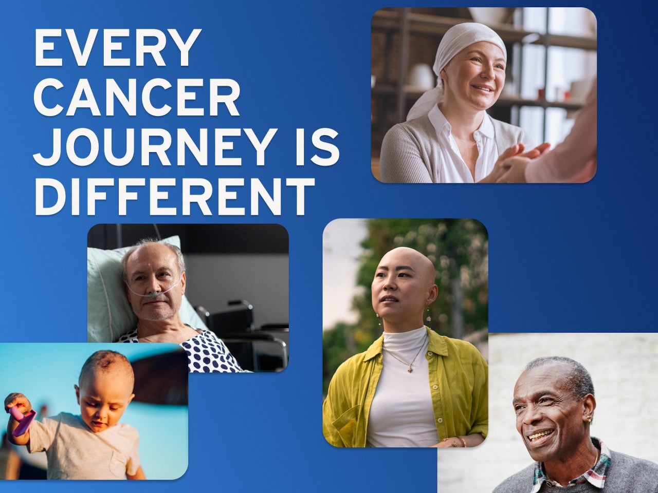 Image showing Image showing various cancer patients and the slogan ‘Every cancer journey is different’.