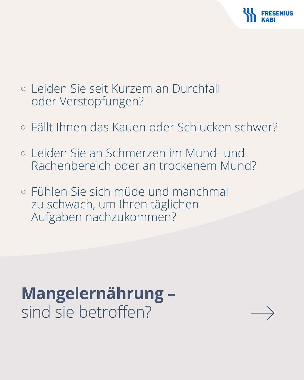 Grafik mit Fragen zur Erkennung von Mangelernährung, etwa zu Verdauungsproblemen, Schluckbeschwerden und Erschöpfung.