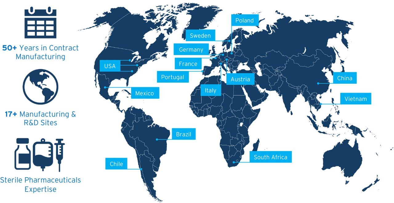 World map of Fresenius Kabi's CMO sterile pharmaceutical and medical device sites. 50+ Years in Contract Manufacturing, 17+ Manufacturing and R&D Sites