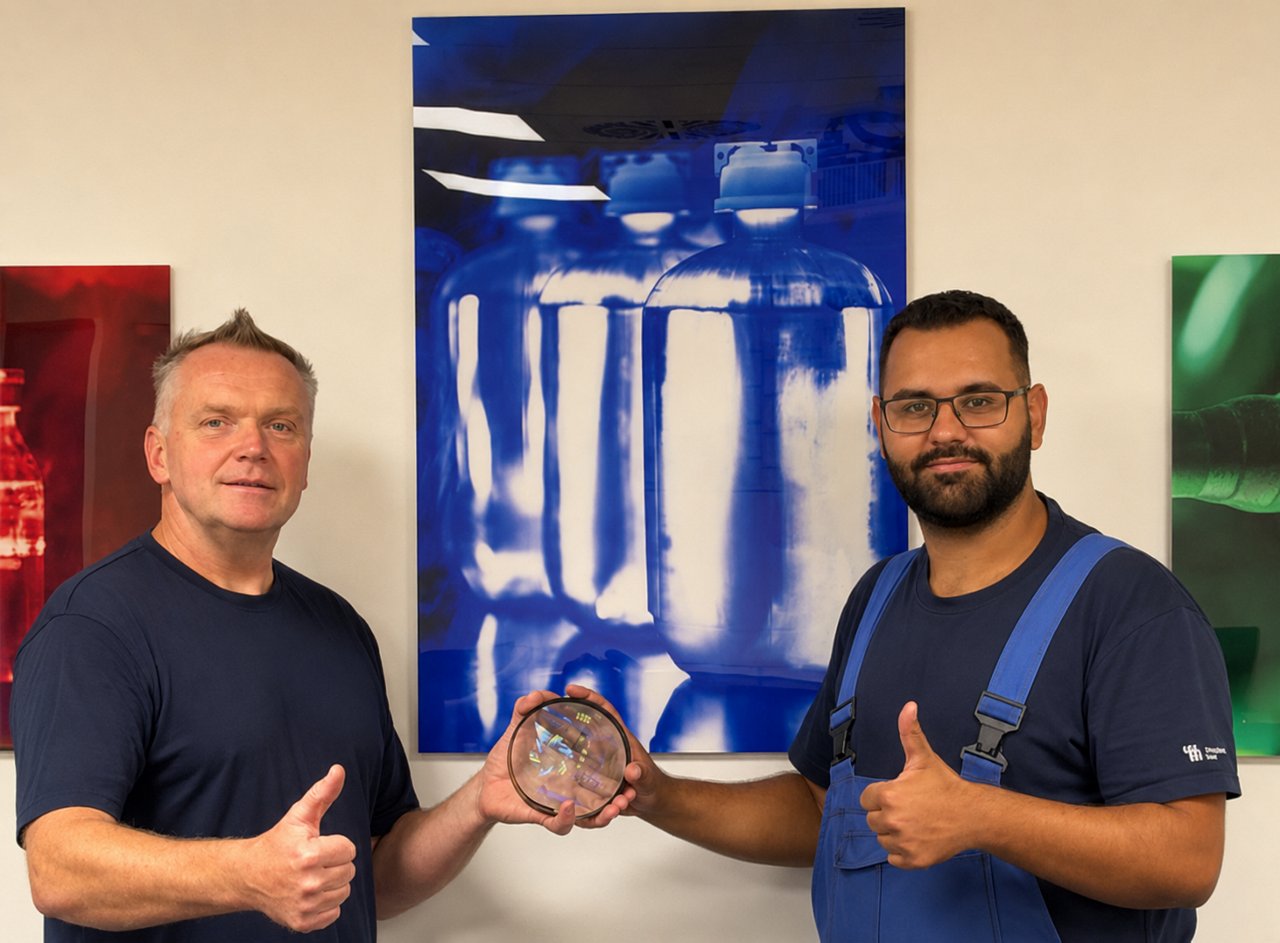 Two employees hold a circular award and give thumbs-up gestures in front of colorful industrial-themed wall art.