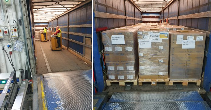 Workers in safety vests handle cargo on the left; right shows stacked pallets with boxes ready for transport in a cargo area.