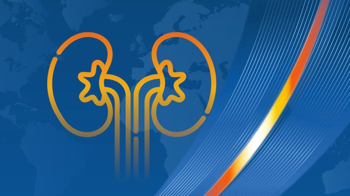 A blue-tinted image of the world map with a pictogram of kidneys in the foreground and dynamic lines.