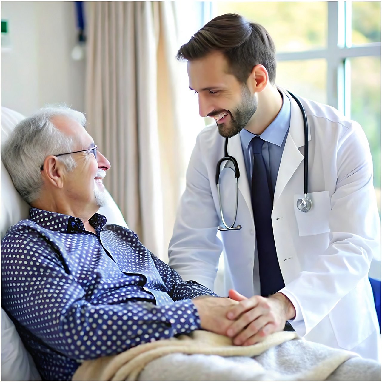 a doctor see him patient in hospital with uniform