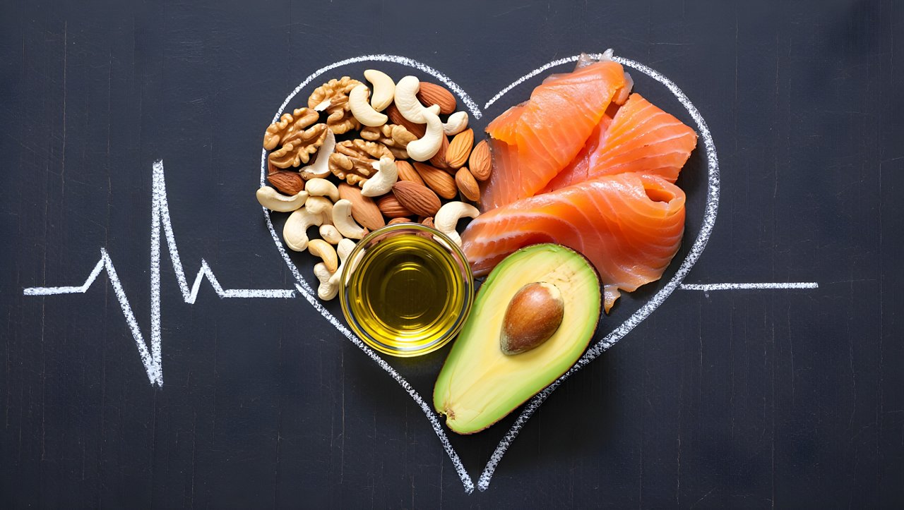 Healthy fats concept featuring heart-shaped arrangement of salmon, avocado, nuts, and olive oil representing balanced nutrition and cardiovascular wellness 