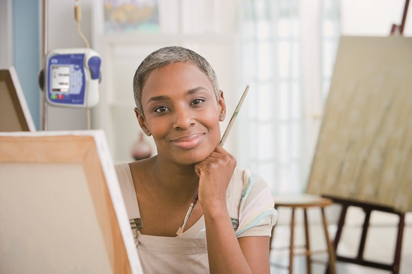 African artist with paintbrush and easel