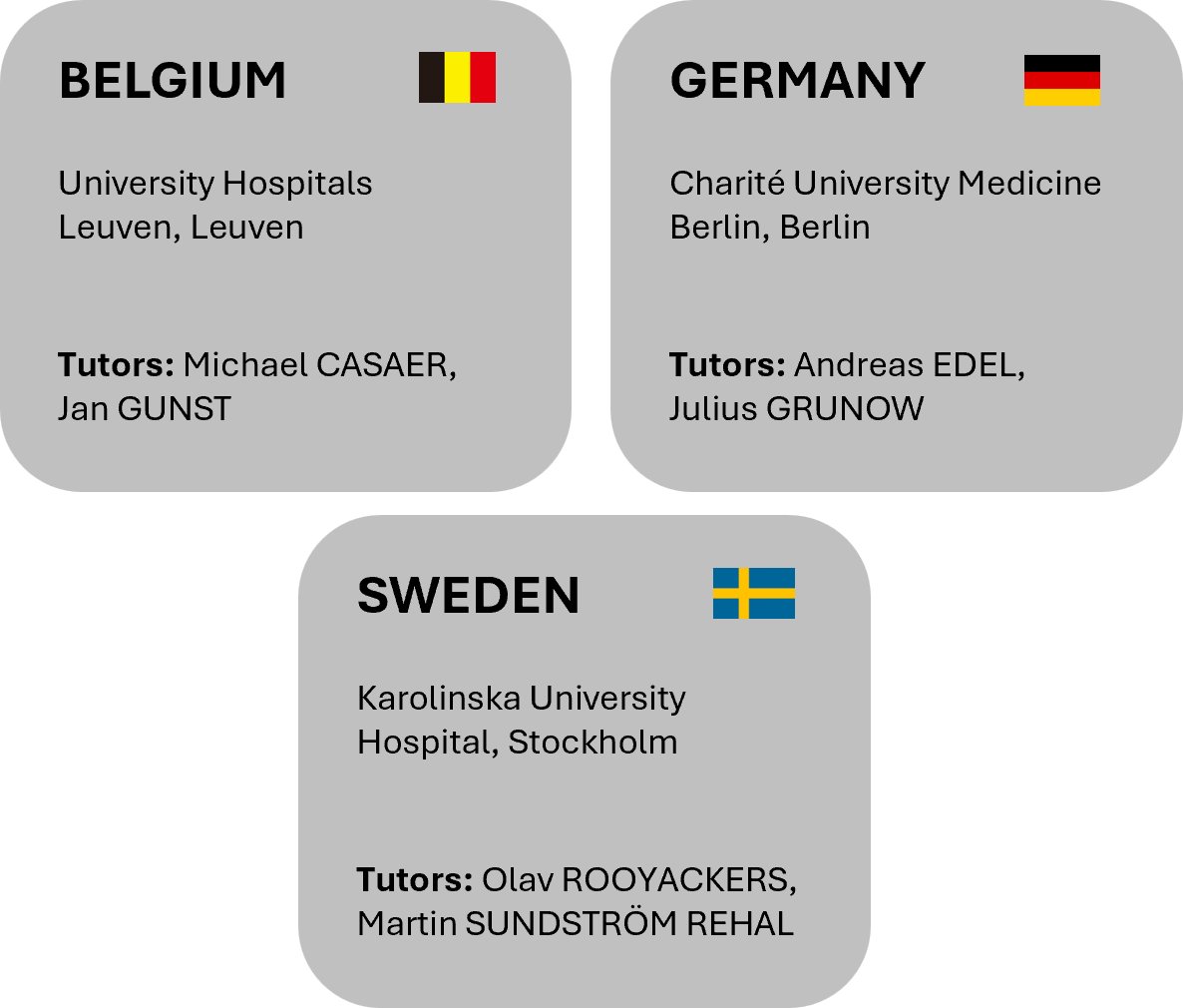 Graphic showing three fellowship partner institutions in Europe. Belgium: University Hospitals Leuven, Leuven, with tutors Michael Casaer and Jan Gunst. Sweden: Karolinska University Hospital, Stockholm, with tutors Olav Rooyackers and Martin Sundström Rehal. Germany: Charité University Medicine Berlin, Berlin, with tutors Andreas Edel and Julius Grunow. Each institution is displayed in a separate panel alongside the national flag.