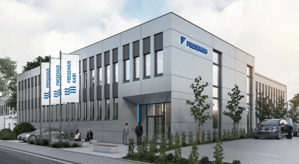 Rendering of planned Fresenius Kabi R&D Center with branded flags, entrance activity, and modern architecture