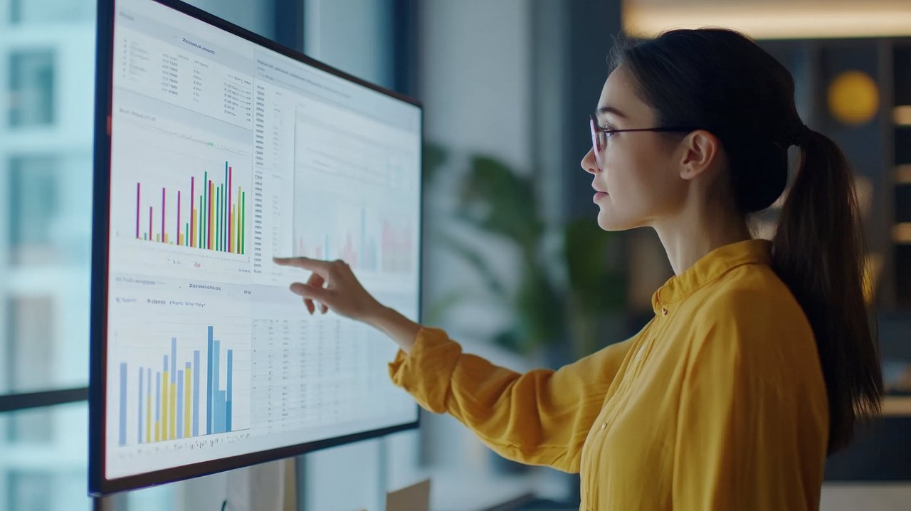 young woman pointing at data on a large monitor with charts in a modern office bright natural light filling the room