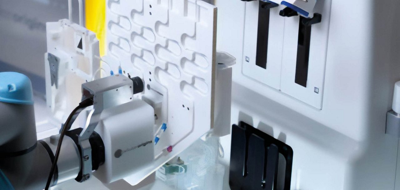 Close-up view of automated laboratory equipment with robotic and mechanical components used in a controlled clinical or manufacturing environment.