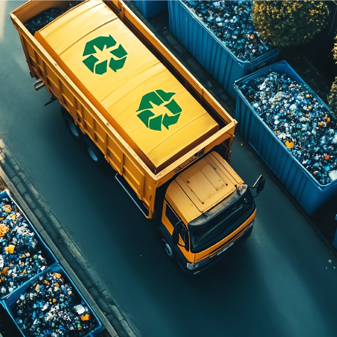 Recycling truck on urban road overview