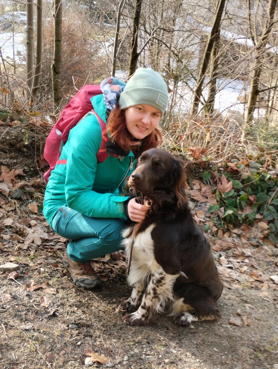 Denisa on a walk with her dog Fijon.