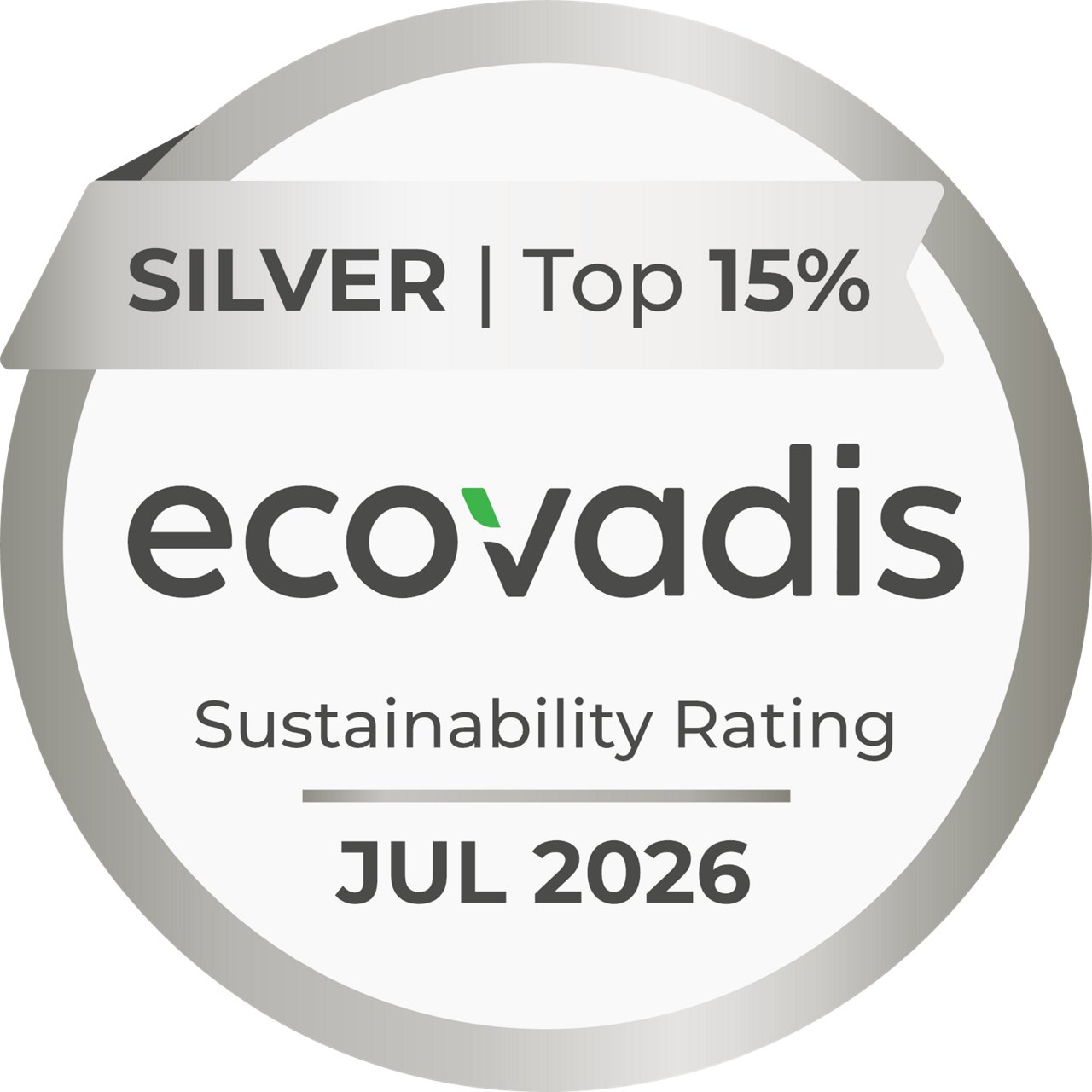 EcoVadis Silver sustainability rating showing Top 15% recognition and the date Jul 2026.