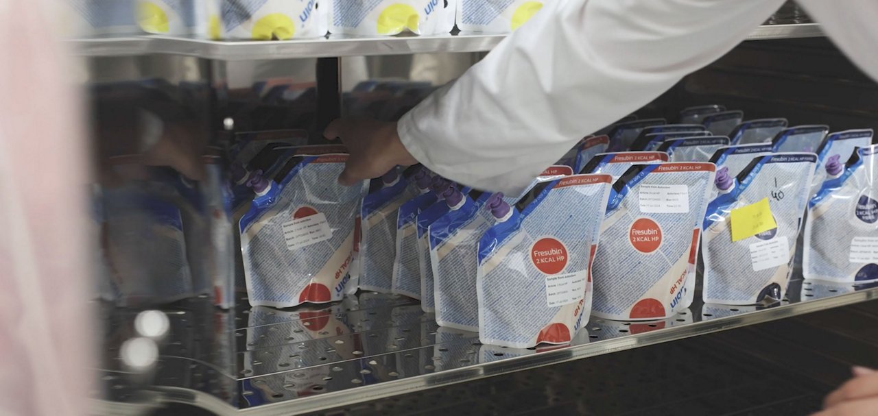 Fresubin nutrition product pouches stored on shelves during product testing or quality assessment.