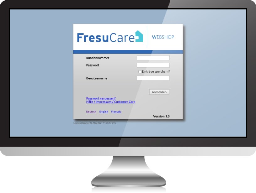 Écran d'ordinateur affichant la page de connexion du FresuCare Webshop.