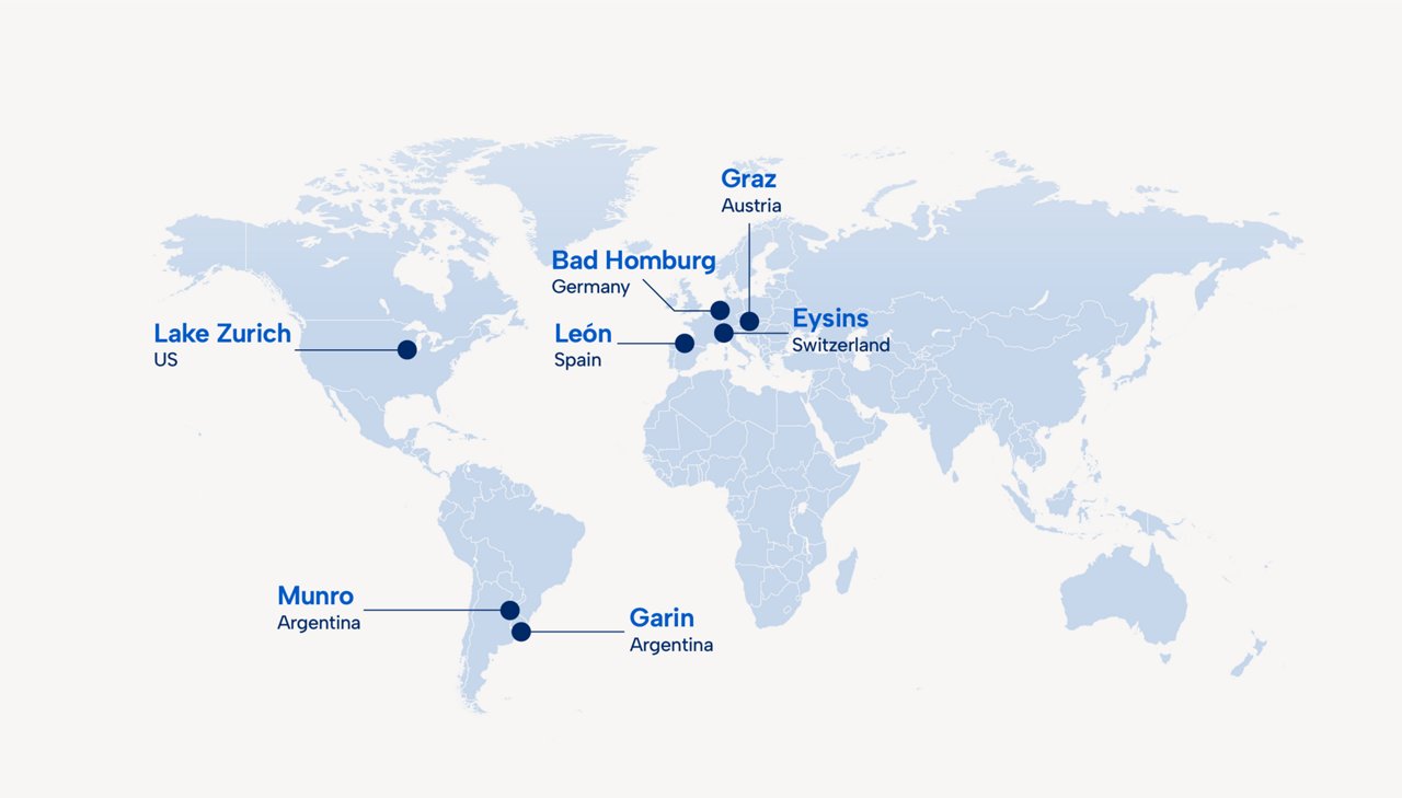 World map showing biopharma site locations in Lake Zurich, Munro, Garin, León, Bad Homburg, Graz, and Eysins