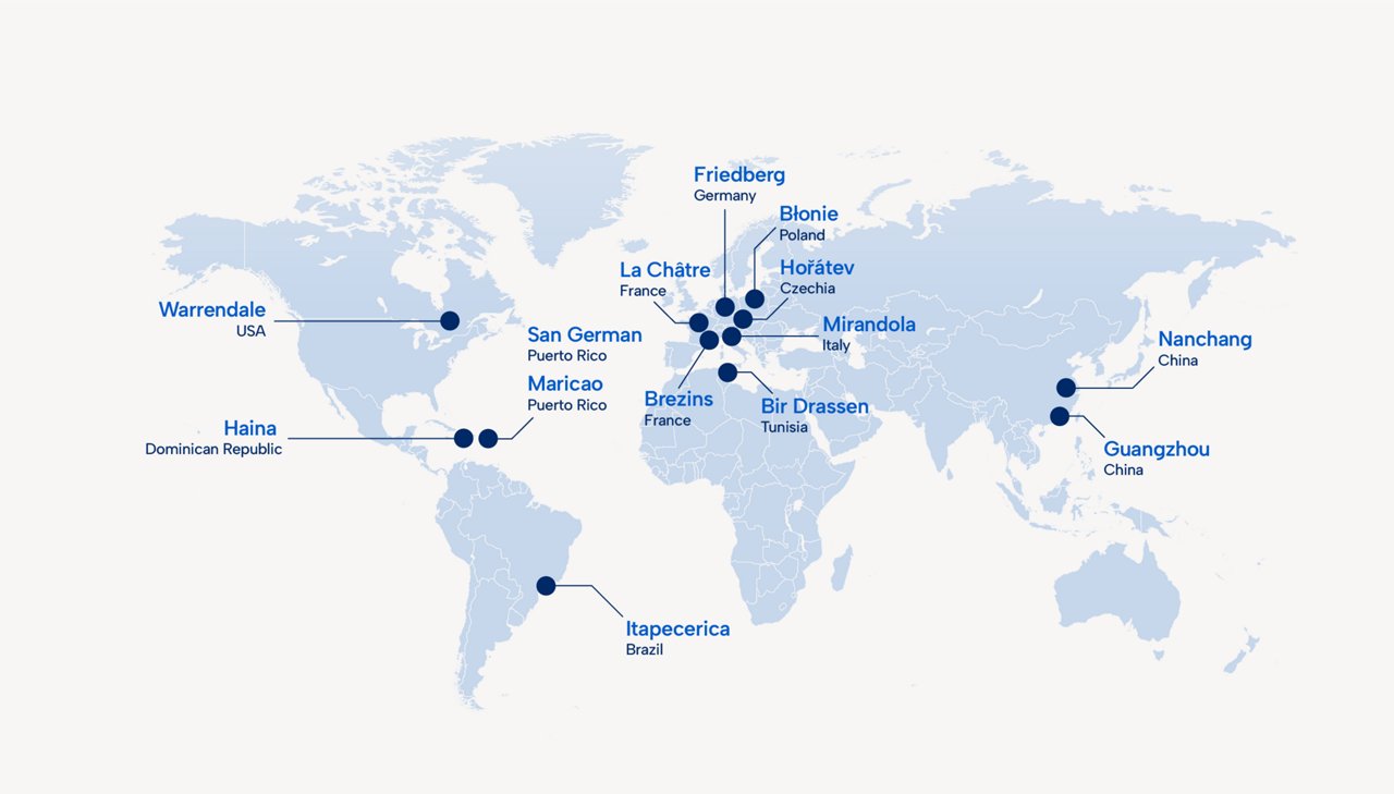World map displaying operational and manufacturing locations across North America, Europe, Asia, the Caribbean, South America, and Africa.