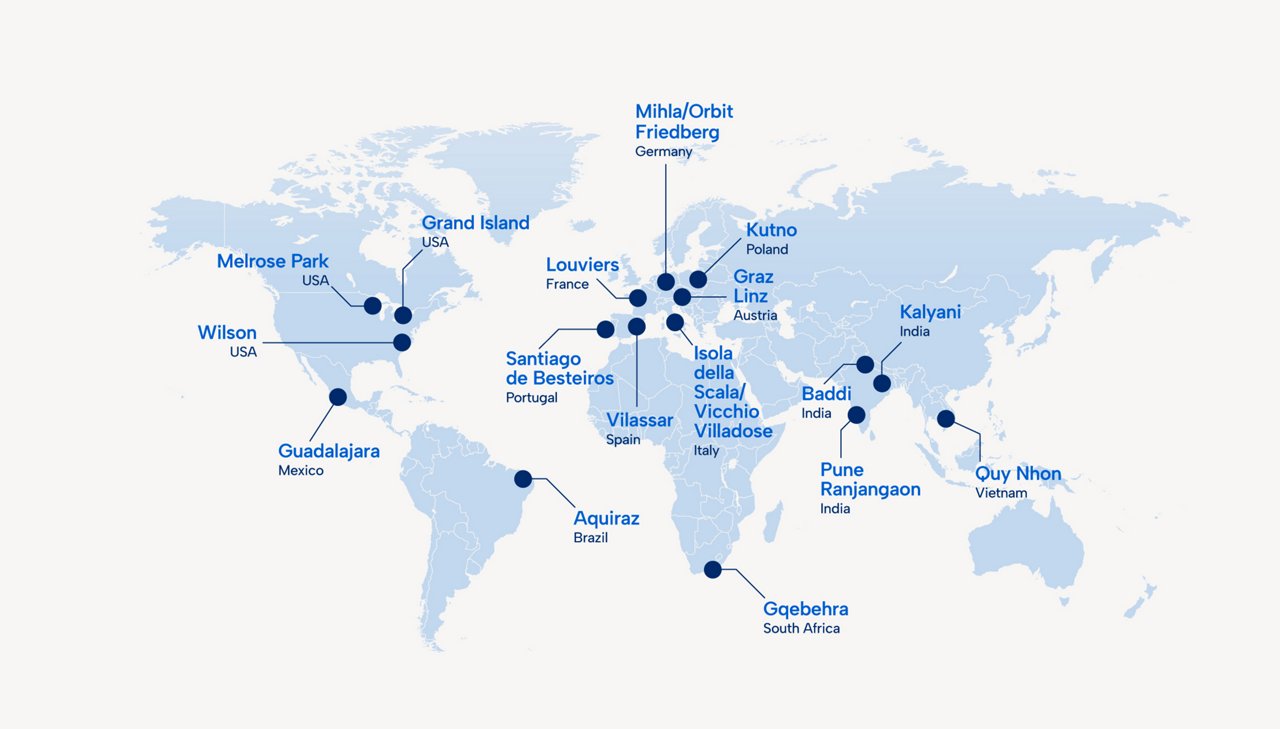 World map showing locations of pharmaceutical manufacturing and production sites across multiple countries.