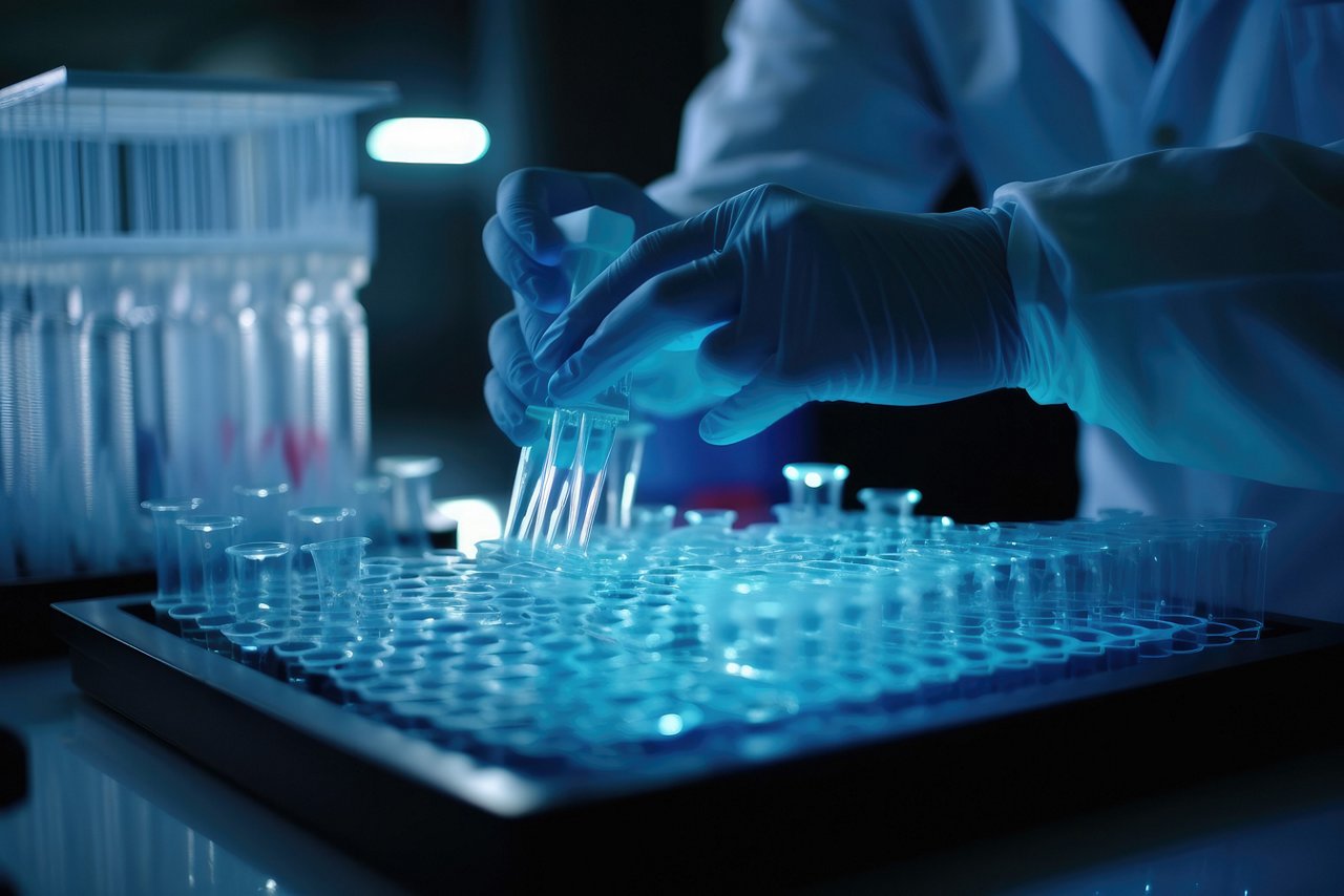 Close up of a scientist with protective gloves working with samples in a lab. AI generative