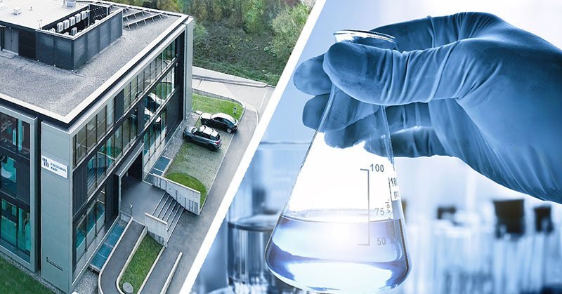Split image: modern building on left, gloved hand with beaker in lab on right.