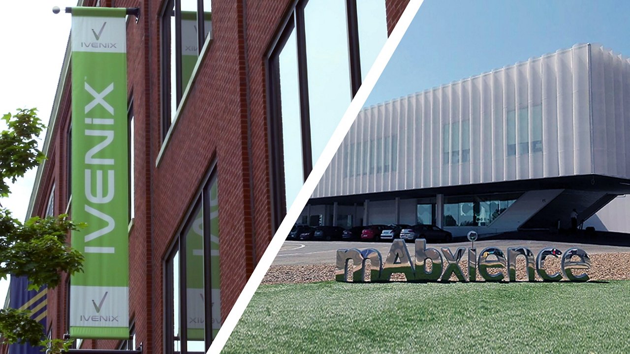 Split image of Ivenix sign on brick building and mAbxience building with modern design.