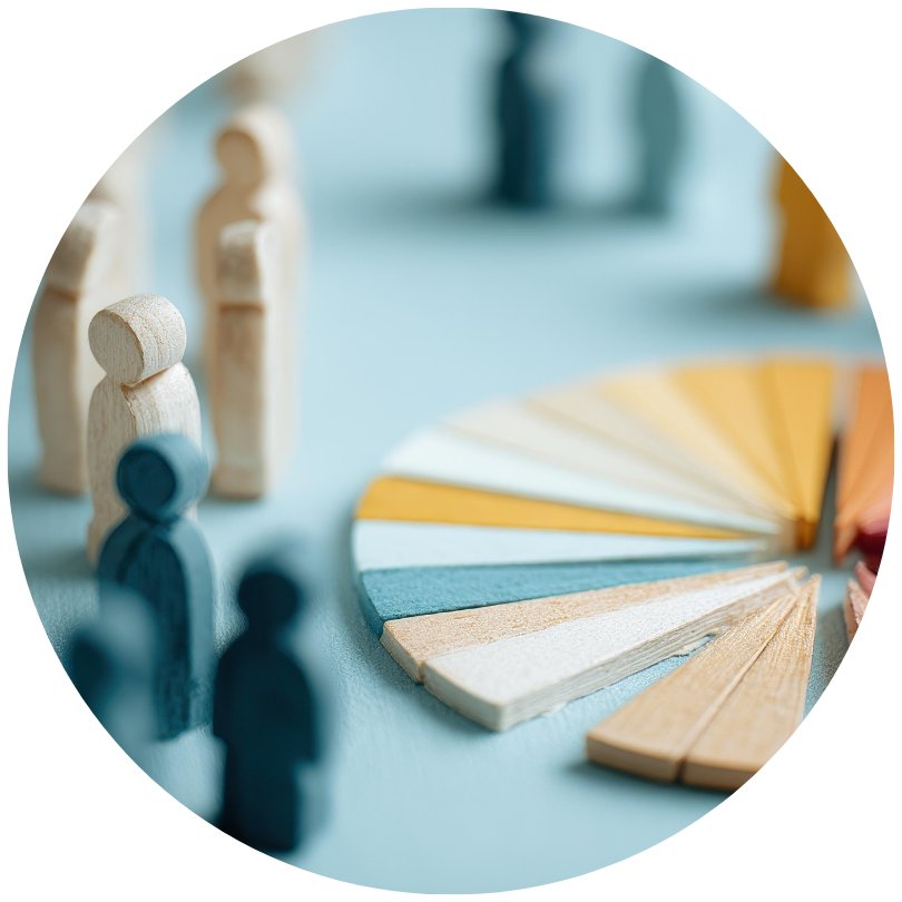 Holzfiguren und farbige Diagrammsegmente als Symbol für Patientenbefragung und Auswertung von Versorgungsergebnissen.