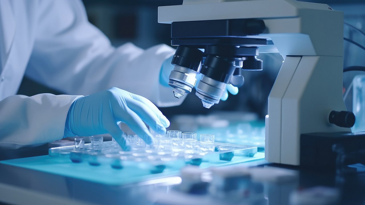 A laboratory technician makes microscopic bacteriological examination with the reagents. Work in microlaboratories. Medical laboratory analysis. The work of a medical laboratory assistant.