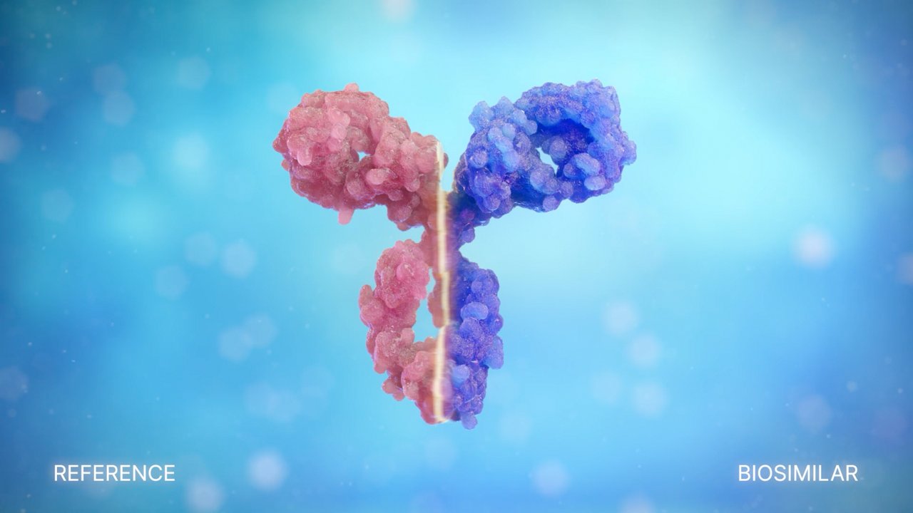 Y-shaped molecular structure split into reference and biosimilar halves for visual comparison.