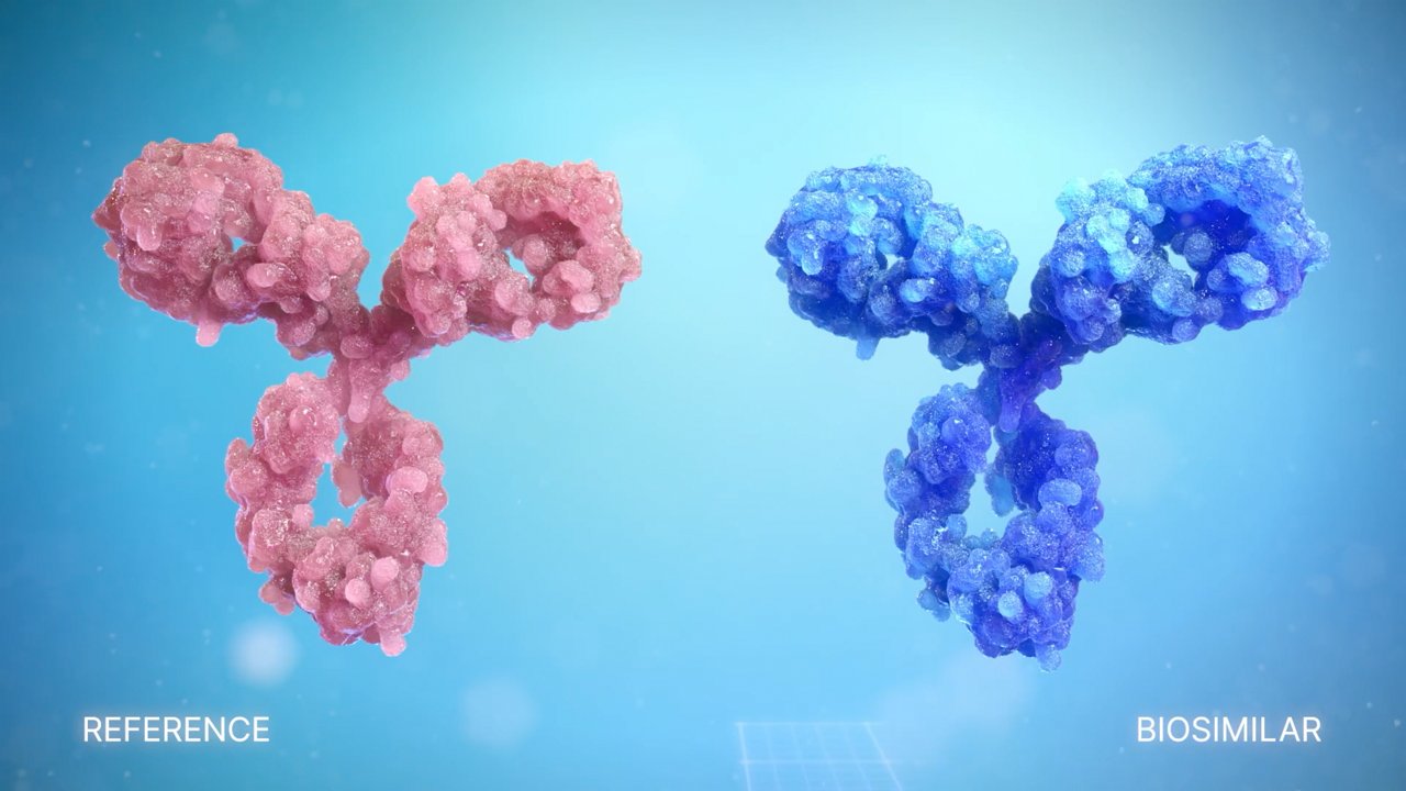 Pink reference and blue biosimilar Y-shaped molecular structures shown side by side.